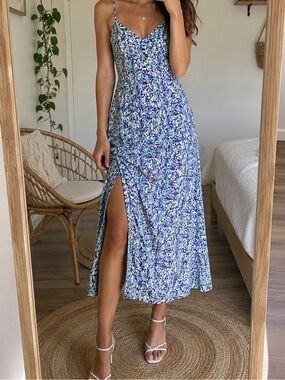 Zara Floral Midi Slip Dress Size Small Blue Purple Green Lightweight Cottagecore